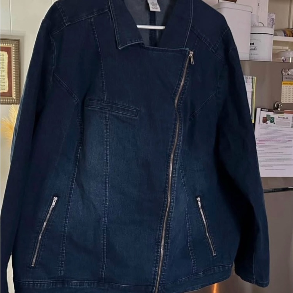 Catherines Navy Asymmetrical Zip Jean Jacket